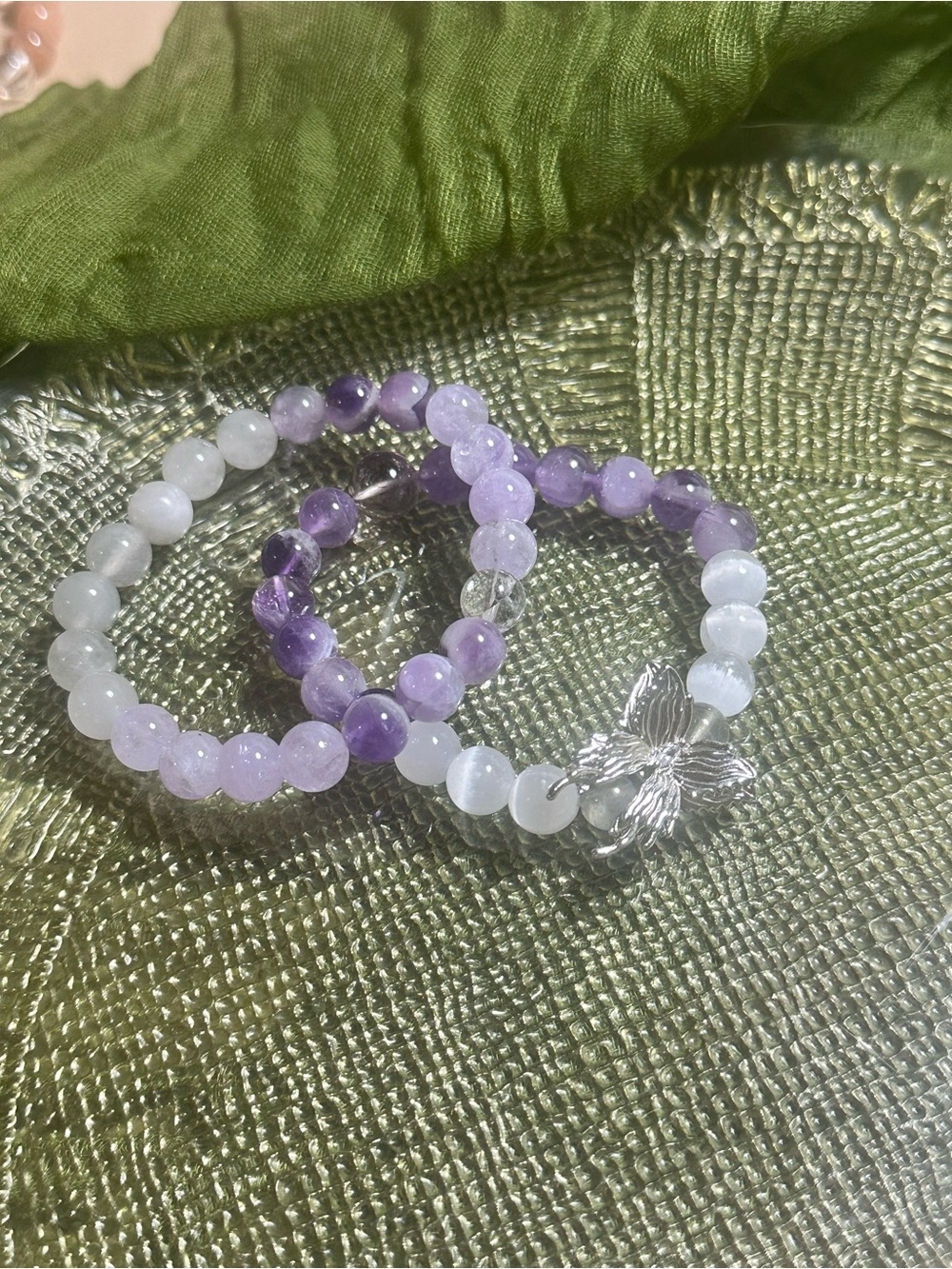 Handmade Amethyst & White Beaded Bracelet Set with Silver Butterfly Charm